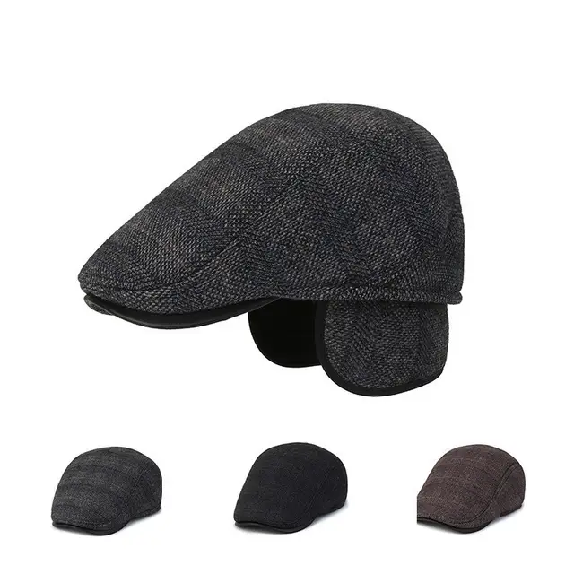 Winter Cap Men Peaked Flat Cap Adjustable Earmuffs Cap Beret Hat ...