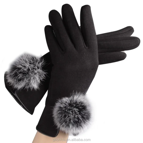 Supreme Ladies Fashion Design Winter knite Touch Screen Gloves with rabit fur