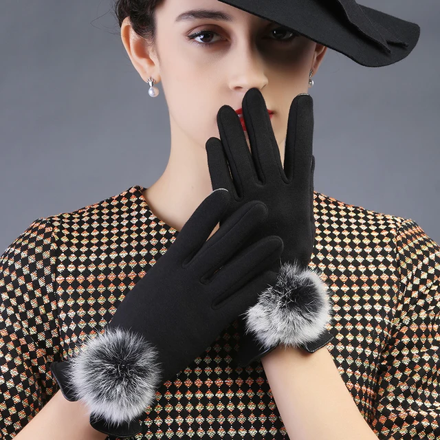 Supreme Ladies Fashion Design Winter knite Touch Screen Gloves with rabit fur