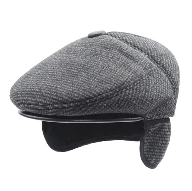 Winter Cap Men Peaked Flat Cap Adjustable Earmuffs  Cap Beret Hat