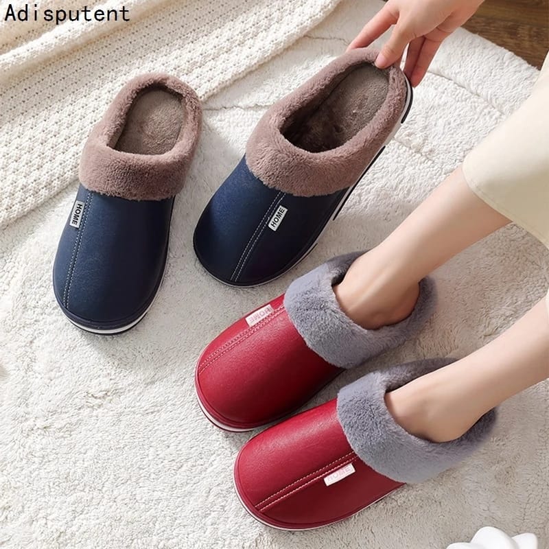 Men women Waterproof indoor Slippers Warm Plush Leather Slippers Thick Bottom