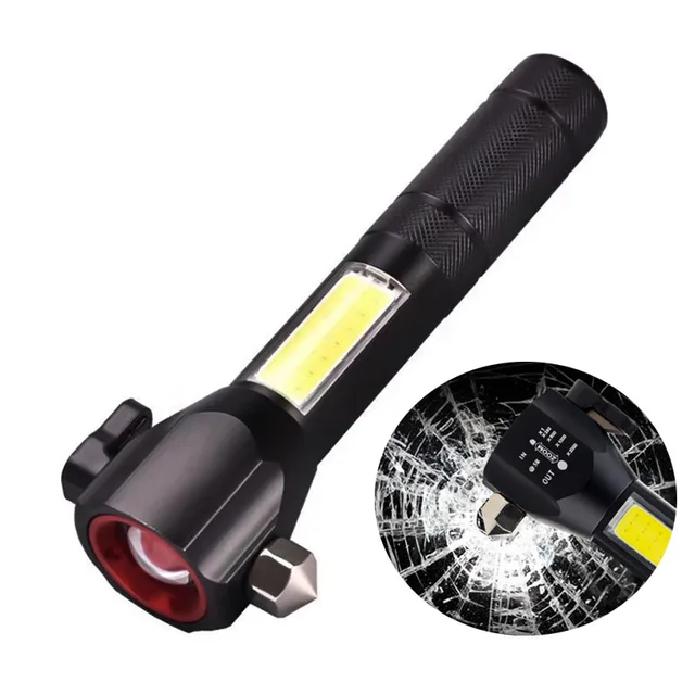 IPX6 Flash light 1 km Flash Light Self DefenseMulti-tool COB USB Rechargeable Torch with Emergency Hammer and Knife Magnetic base