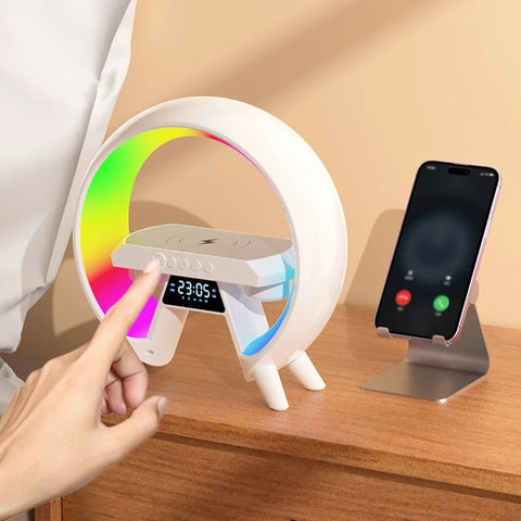 Wireless Charging Speaker| Alarm Clock | Portable Atmosphere Lamp Speaker |Dimmable Bedside Lamp Mp3 Player