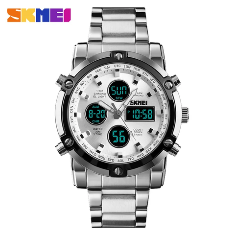 Skmei 1389 Three time Zone Watch Day And Date Option Countdown Steel Strap Wristwatch