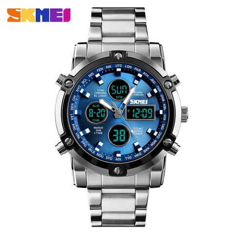 Skmei 1389 Three time Zone Watch Day And Date Option Countdown Steel Strap Wristwatch