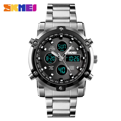 Skmei 1389 Three time Zone Watch Day And Date Option Countdown Steel Strap Wristwatch