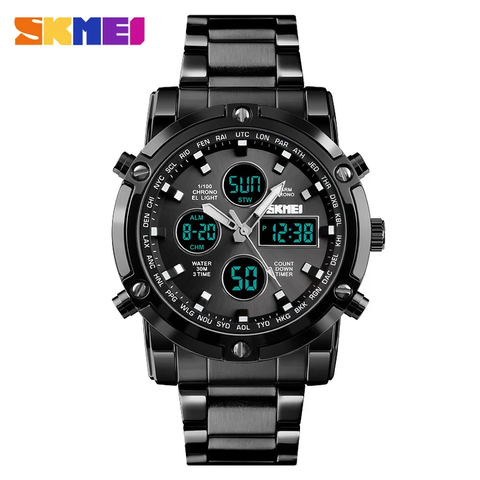 Skmei 1389 Three time Zone Watch Day And Date Option Countdown Steel Strap Wristwatch