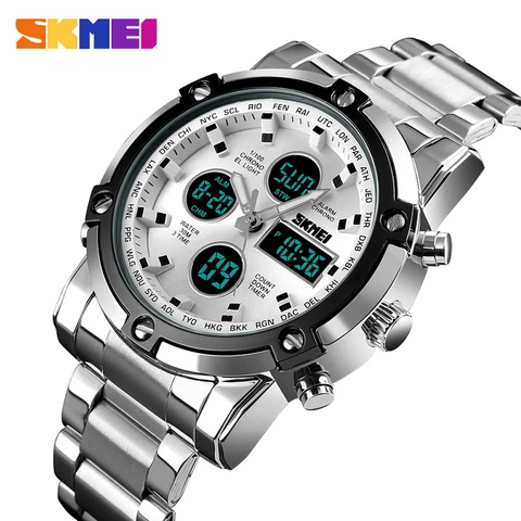Skmei 1389 Three time Zone Watch Day And Date Option Countdown Steel Strap Wristwatch