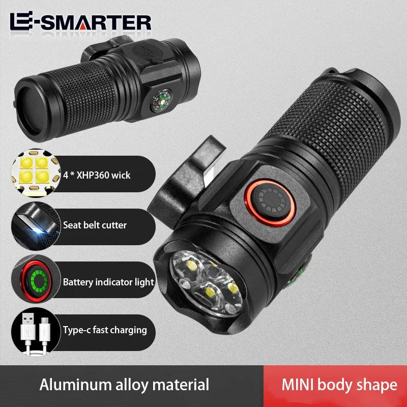 Rechargeable LED Flashlight | Compass Seat Belt Cutter Portable Torch 400LM