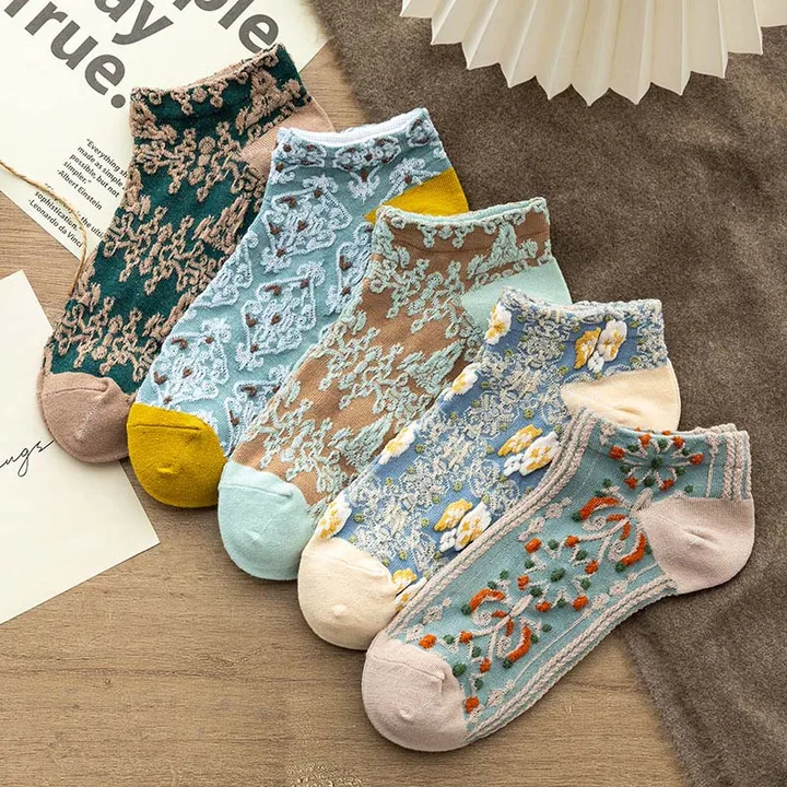 5 pair Ladies Flower Design Ankle socks