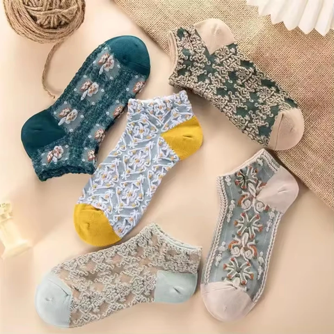5 pair Ladies Flower Design Ankle socks