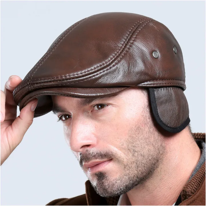 Men's Leather Winter Beret Hat with Warm Ear Protection Cap Genuine Leather