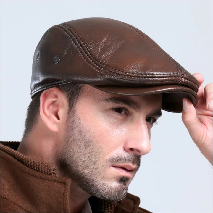 Men's Leather Winter Beret Hat with Warm Ear Protection Cap Genuine Leather