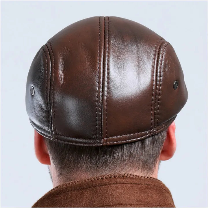 Men's Leather Winter Beret Hat with Warm Ear Protection Cap Genuine Leather