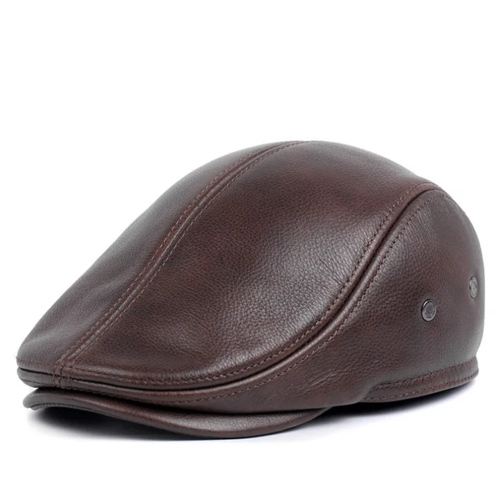 Men's Leather Winter Beret Hat with Warm Ear Protection Cap Genuine Leather