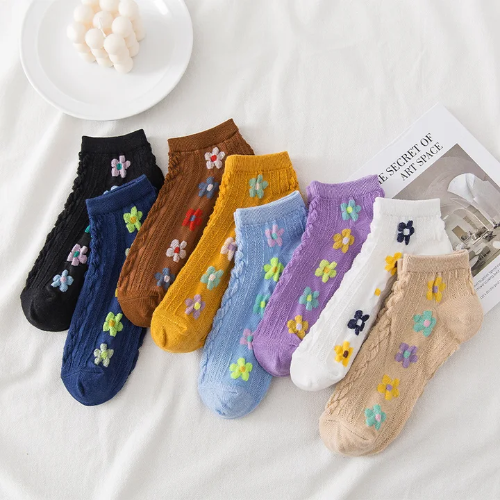 5 Pairs Korean Ladies Flower Winter Summer warm Cotton Socks