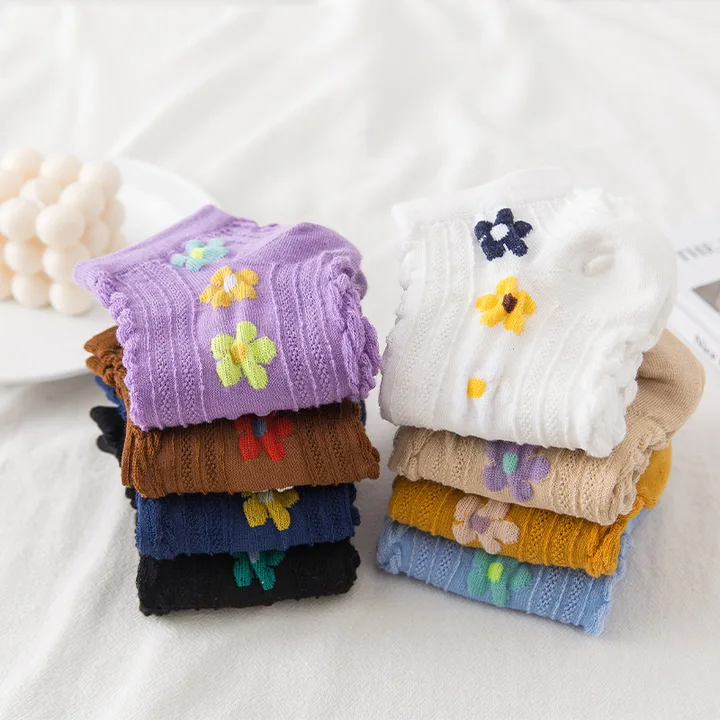 5 Pairs Korean Ladies Flower Winter Summer warm Cotton Socks