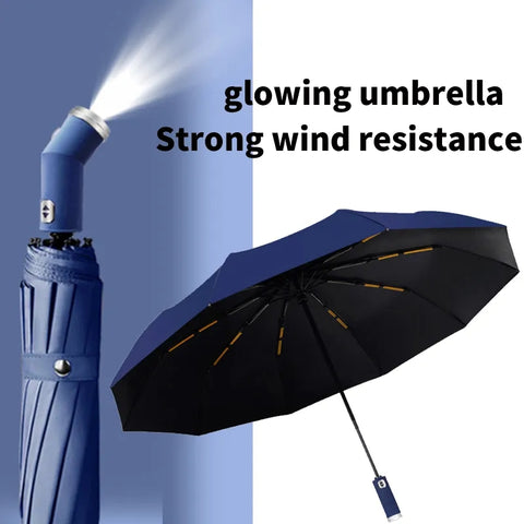 Wind proof Sun & Rain Automatic Rotating LED Flashlight Handle 10-bone Automatic Umbrella Anti-wind