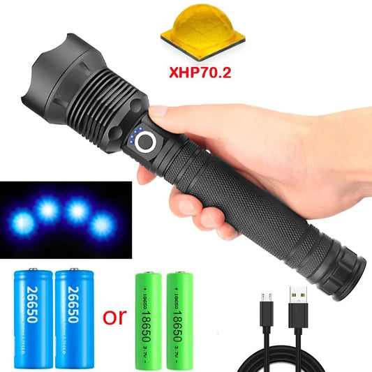 IPX6 Flash light 90000 Lumens LED Flashlight USB Zoomable 3 Mode Torch XHP70 XHP50 18650 26650 Waterproof Rechargeable Battery