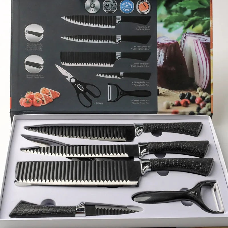 Kitchen knife new stainless steel black non stick knife wavy pattern cover knife 6-Piece gift cover knife

 