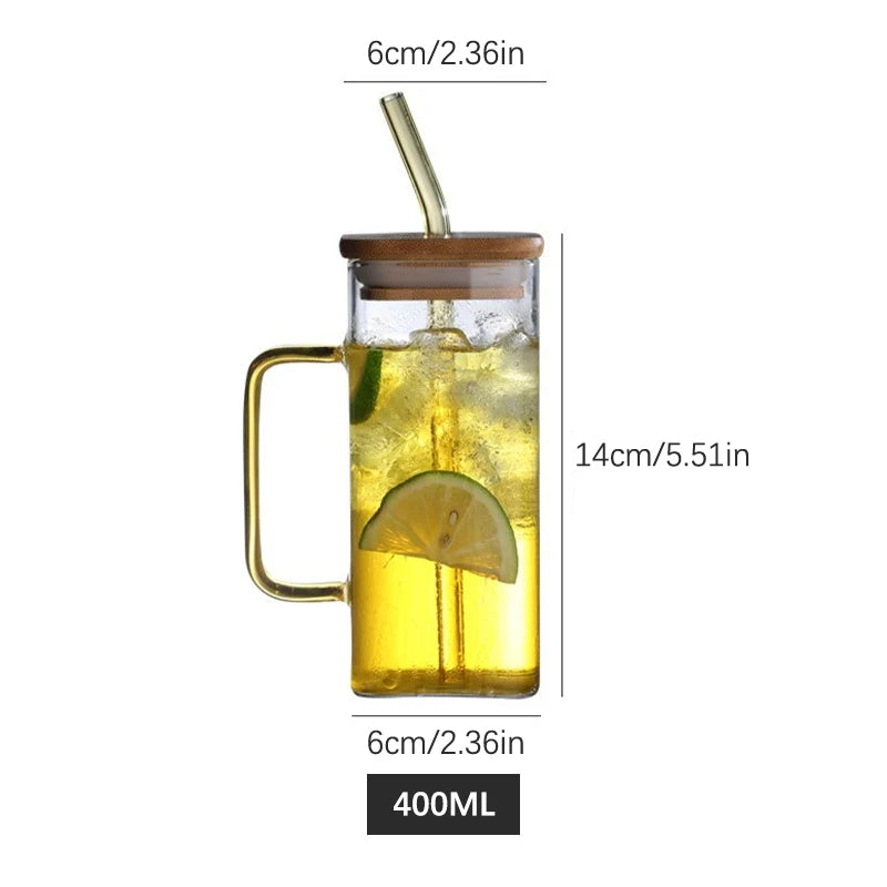 400Ml Square Mug With Lids and Straws For Soda Iced Coffee Milk Bubble Tea Water