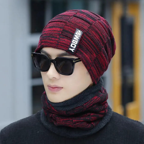 New Winter Knit Cap Men And Women Outdoor Warm Thickening Plus Velvet Loose Winter Hat With Scarf Brand