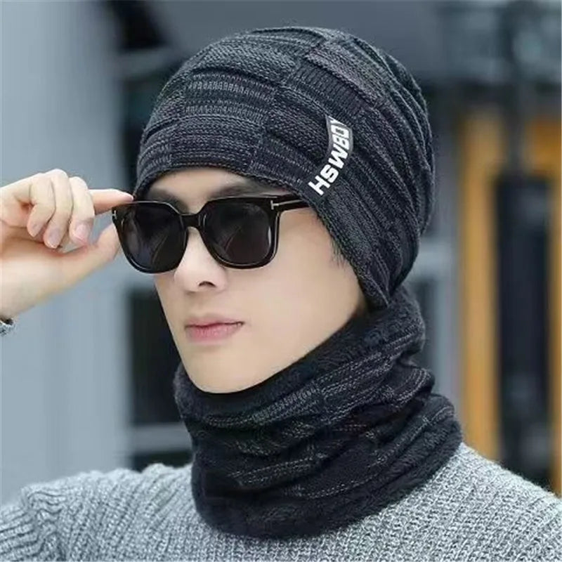 New Winter Knit Cap Men And Women Outdoor Warm Thickening Plus Velvet Loose Winter Hat With Scarf Brand