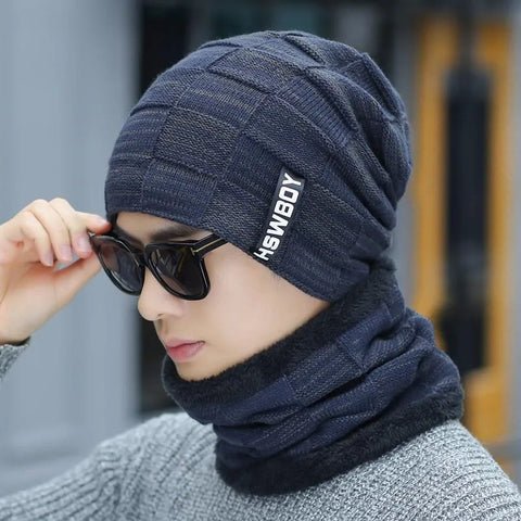 New Winter Knit Cap Men And Women Outdoor Warm Thickening Plus Velvet Loose Winter Hat With Scarf Brand