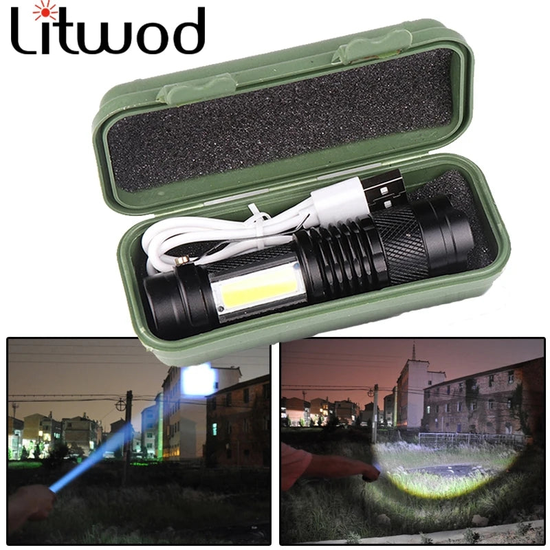 3 Mode Rechargeable Torch Light XPE+COB Dual Lights 1000LM Zoomable USB Flashlight