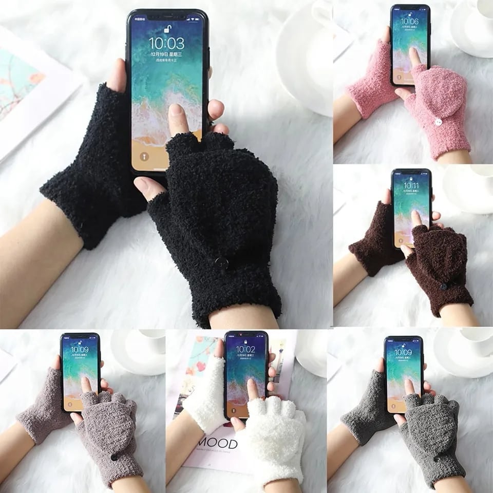 Soft Coral Fleece Flip Cover Half Finger Gloves 2022 Winter Men Women Gloves Solid Warmer Mittens Female Ladies Cycling Gloves