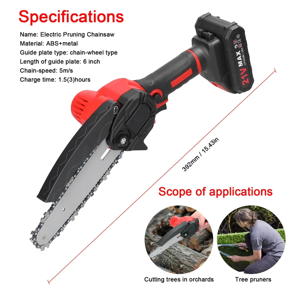 8/6 inches 24V Mini Electric Chain Saw - Rechargeable One-Hand Electric Portable Chainsaw