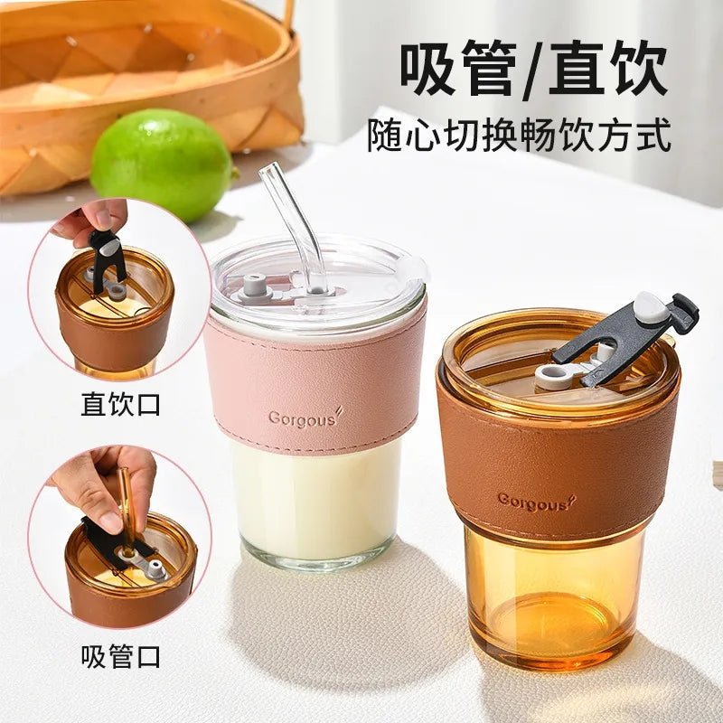 400ML Creative Straw Glass coffee cup leak proof 