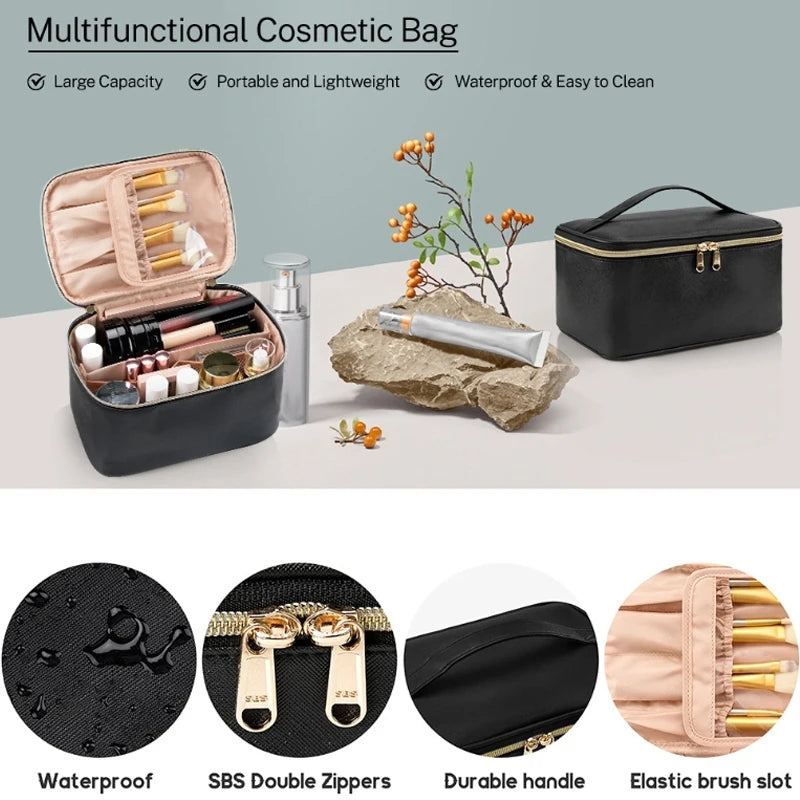 Portable Makeup Bag with Handle and Divider, Travel Case, Toiletry Organizer, Large Capacity