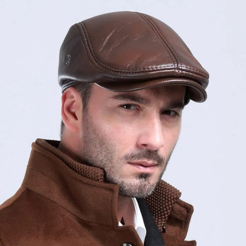 Men's Leather Winter Beret Hat with Warm Ear Protection Cap Genuine Leather