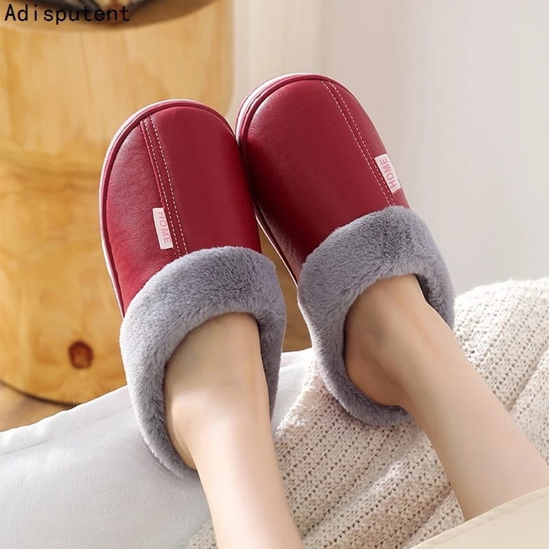 Men Women Waterproof Indoor Slippers Plush Leather Slippers  Thick Bottom