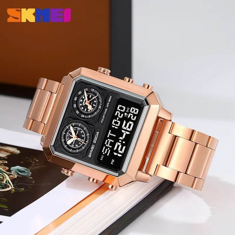 SKMEI 2204 Luminous 4 Time Square Mirror Mary Gold Stainless Steel Watch