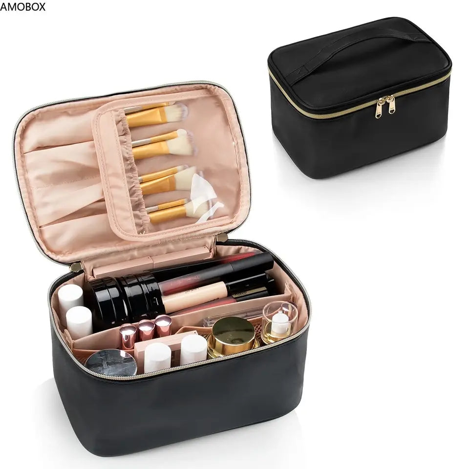 Portable Makeup Bag with Handle and Divider, Travel Case, Toiletry Organizer, Large Capacity