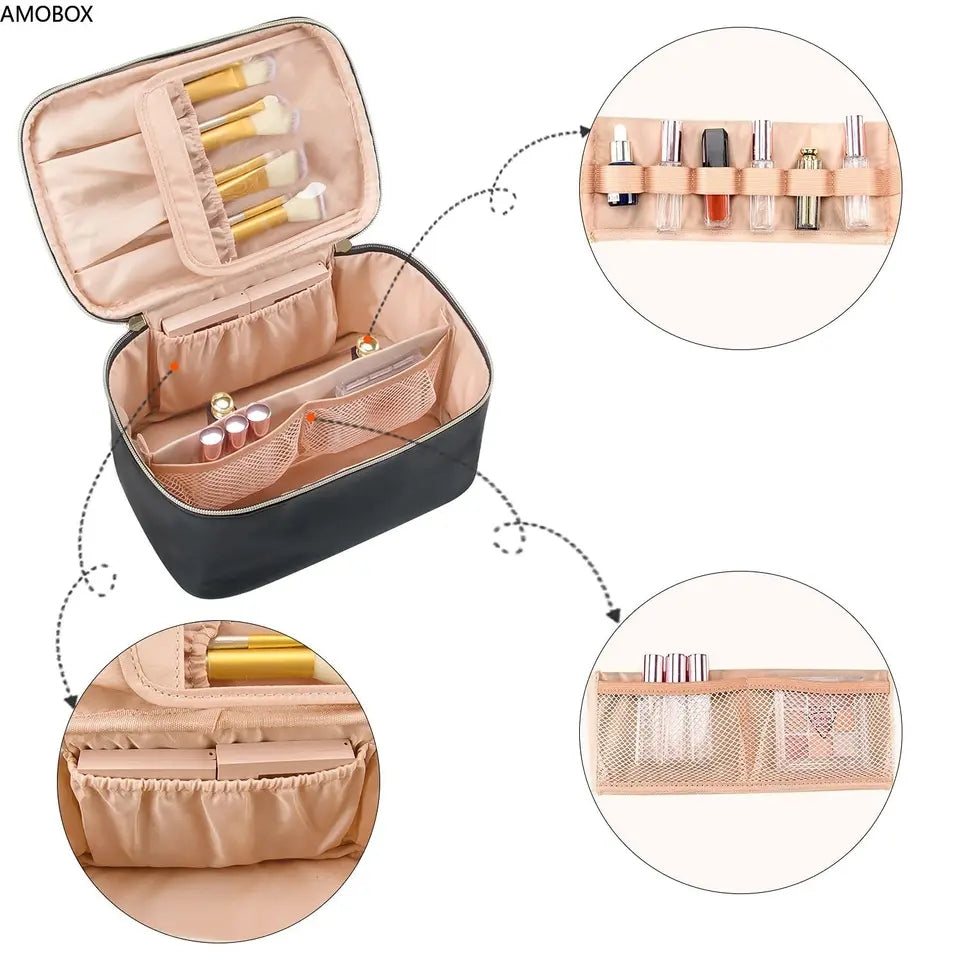 Portable Makeup Bag with Handle and Divider, Travel Case, Toiletry Organizer, Large Capacity