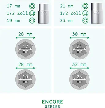 Telescopic wheel nut wrench set 4 pcs. with 17/19mm and 21/23mm inserts and extendable tire wrench
