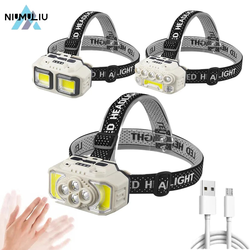 Powerful LED Headlamp Super XPG+COB LED Headlight IR Sensor Headlamp, 1200mAh IPX4 Waterproof, 500LM COB Wave Sensor Headlight