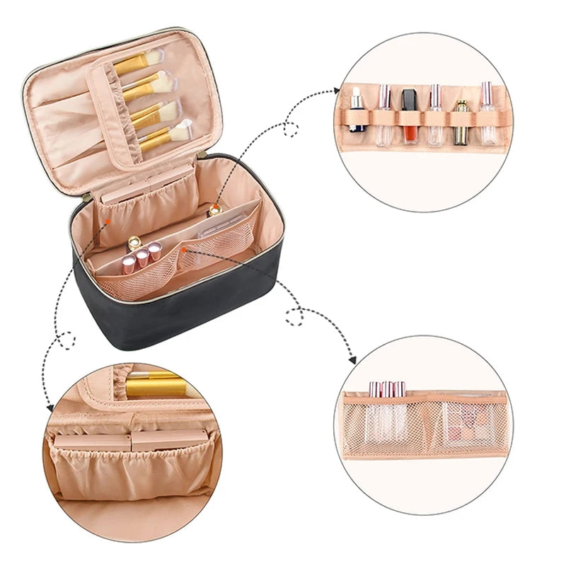 Portable Makeup Bag with Handle and Divider, Travel Case, Toiletry Organizer, Large Capacity