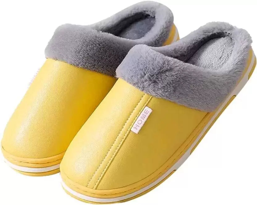 Men women Waterproof indoor Slippers Warm Plush Leather Slippers Thick Bottom