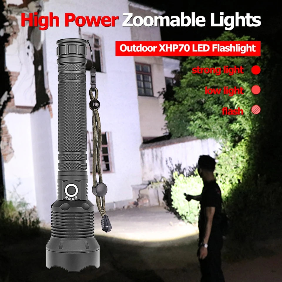IPX6 Flash light 90000 Lumens LED Flashlight USB Zoomable 3 Mode Torch XHP70 XHP50 18650 26650 Waterproof Rechargeable Battery
