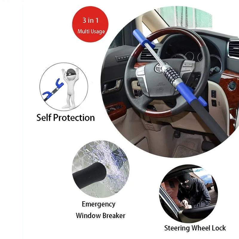 5 Digit Password Steering Wheel Lock Universal Car Truck Keyless Coded Double Hook Retractable Security Guard Anti-Theft
