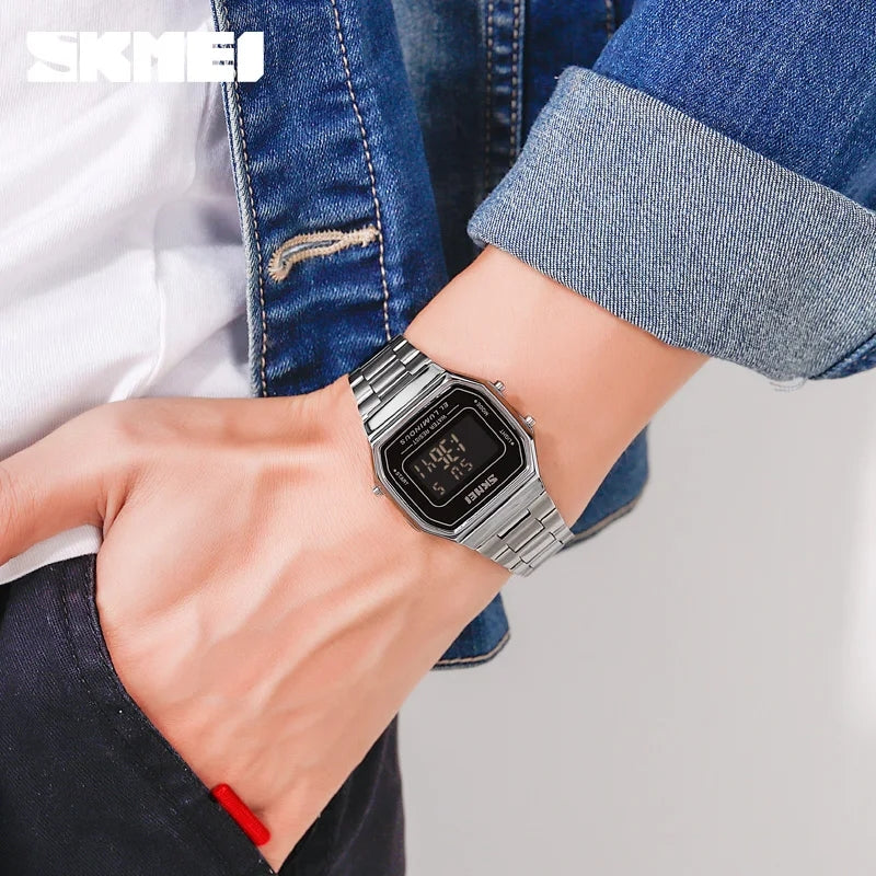 SKMEI Retro 1647 LED Digital Stainless Steel Band Waterproof Watch