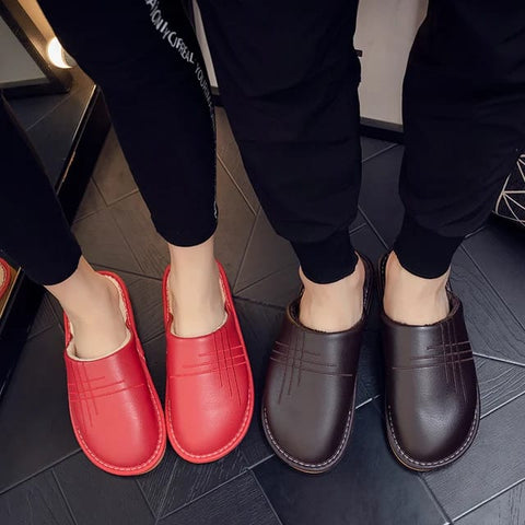 Leather Autumn and Winter Household Slippers Home Indoor Thick Bottom Non-slip Waterproof Warm Home Slippers