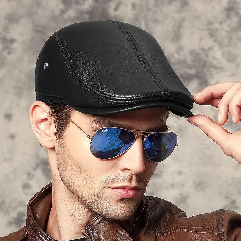 Men's Leather Winter Beret Hat with Warm Ear Protection Cap Genuine Leather