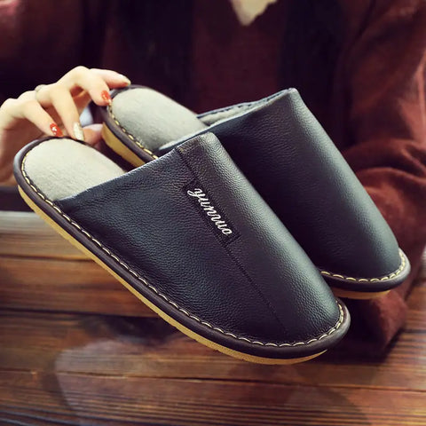 Leather Autumn and Winter Household Slippers Home Indoor Thick Bottom Non-slip Waterproof Warm Home Slippers