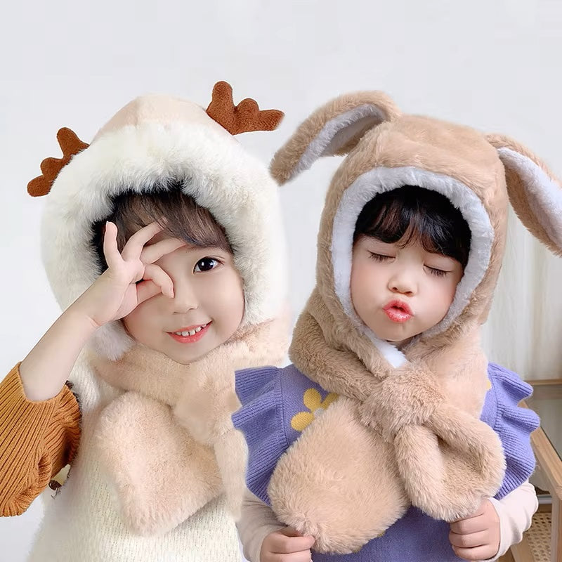 Cute Winter Baby Scarf Hats Cartoon Hooded Boys Girls Bunny Cap Beanies Children Kids Warm