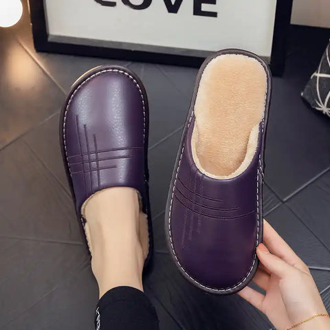 Leather Autumn and Winter Household Slippers Home Indoor Thick Bottom Non-slip Waterproof Warm Home Slippers